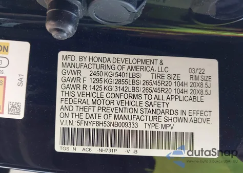 2022 Honda Passport Awd Ex-L z USA, uszkodzony, nr VIN 5FNYF8H53NB009333